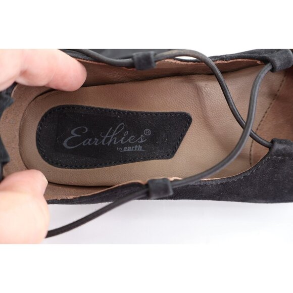 Earthies Essen Ballet Flats 7.5 B Cages Elastic Strap Black Suede Comfy Pointy - Picture 10 of 13